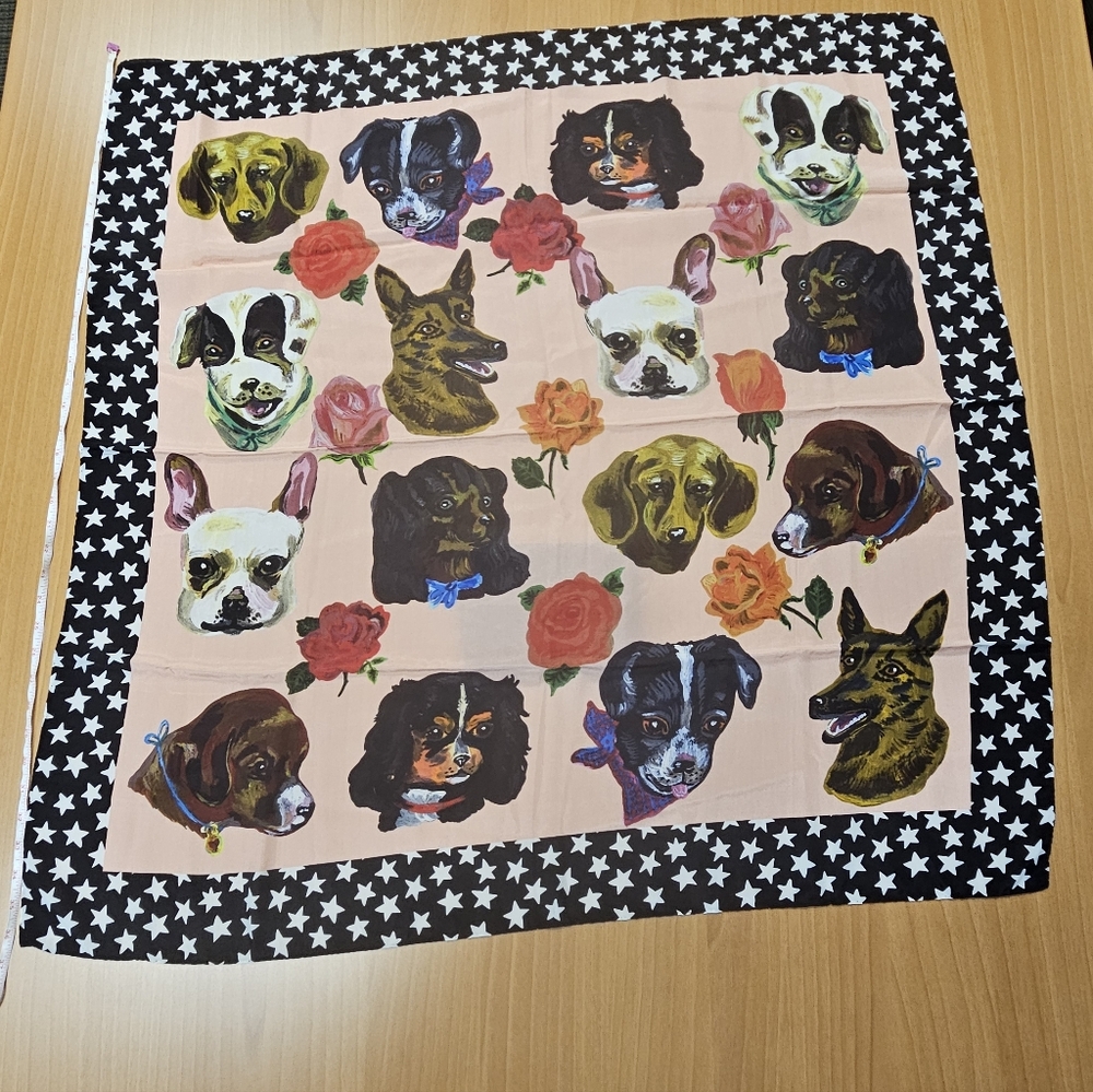 Nathalie Lete Dog Print Square Scarf in Pink with Black Star Border - Picture 2 of 8